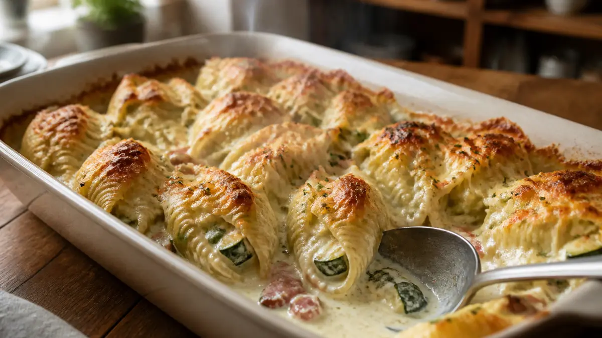 Conchiglioni farcis courgette, bacon et ricotta : le gratin qui impressionne