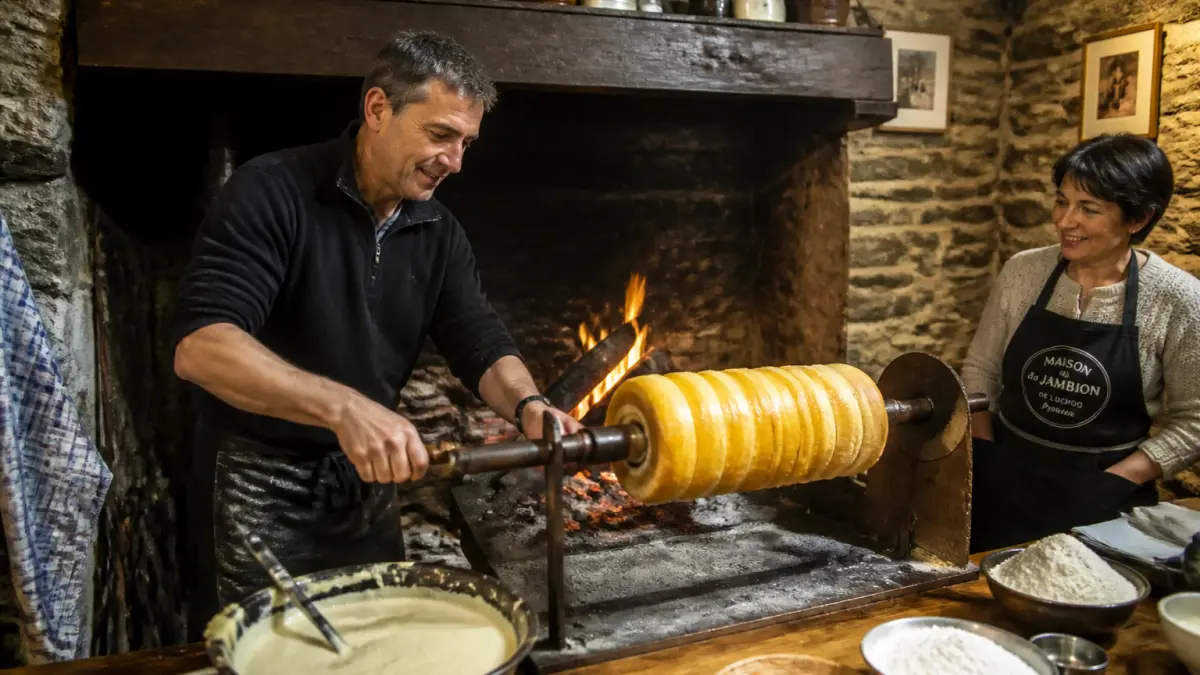 Comment le gâteau à la broche est-il préparé dans les Pyrénées ?