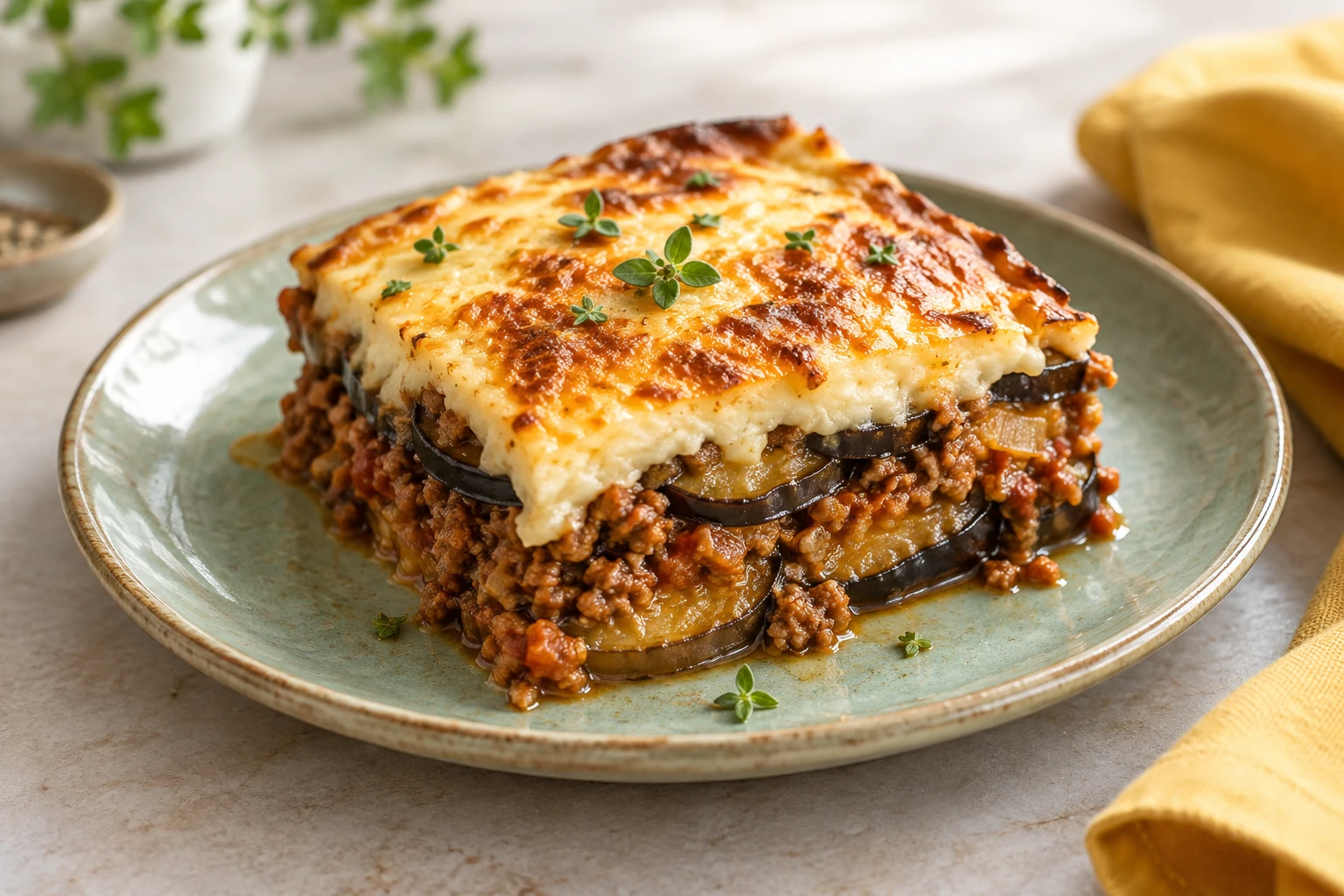 Part de moussaka aux aubergines, viande hachée et béchamel gratinée sur assiette verte