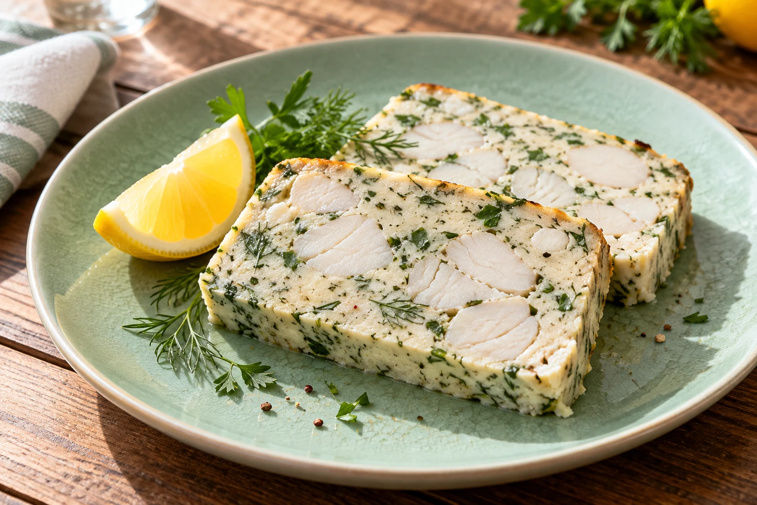 Deux tranches de pain de poisson aux herbes sur assiette verte avec quartier de citron