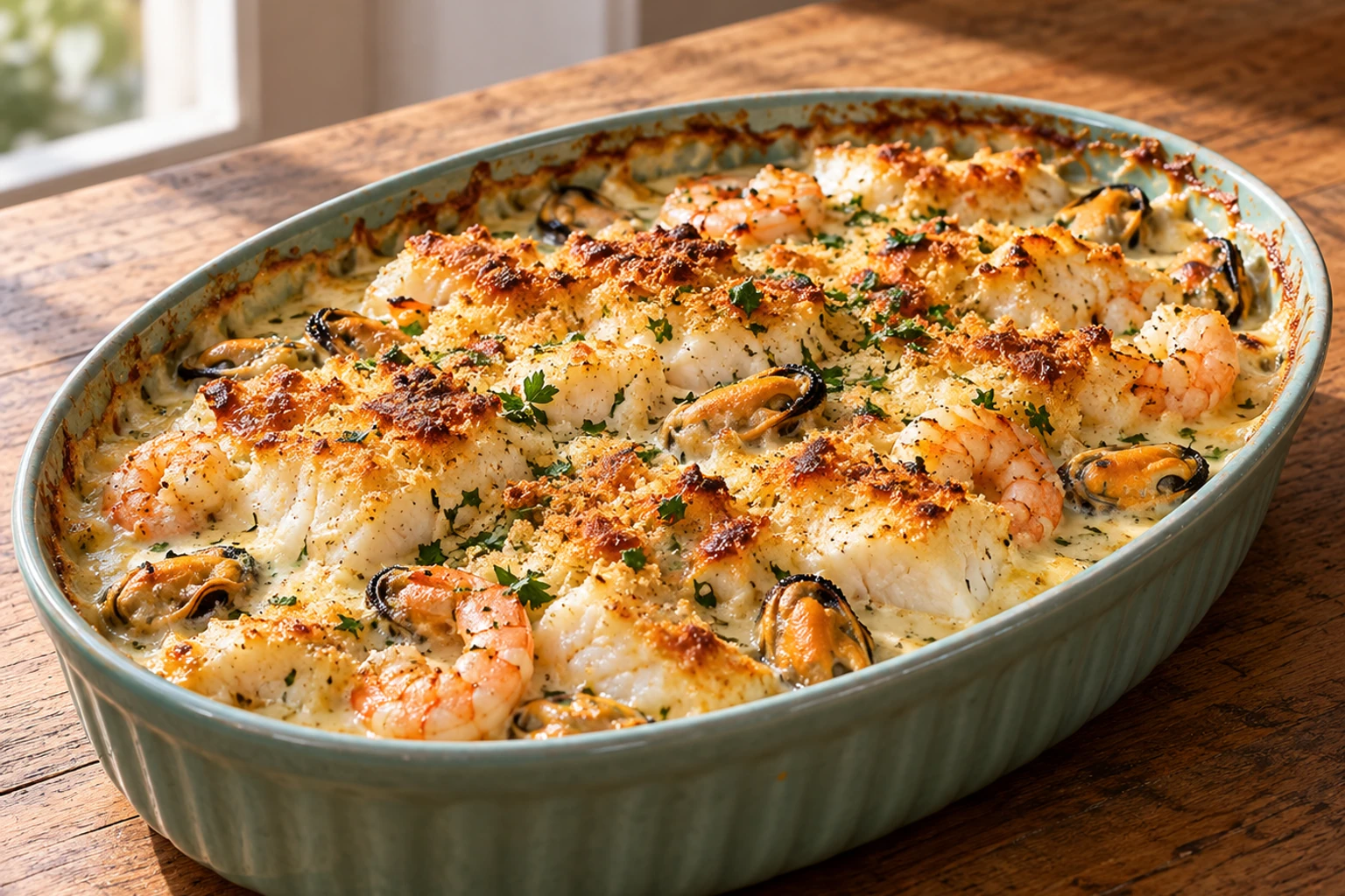 Gratin de fruits de mer avec crevettes, moules et poisson nappé de sauce gratinée