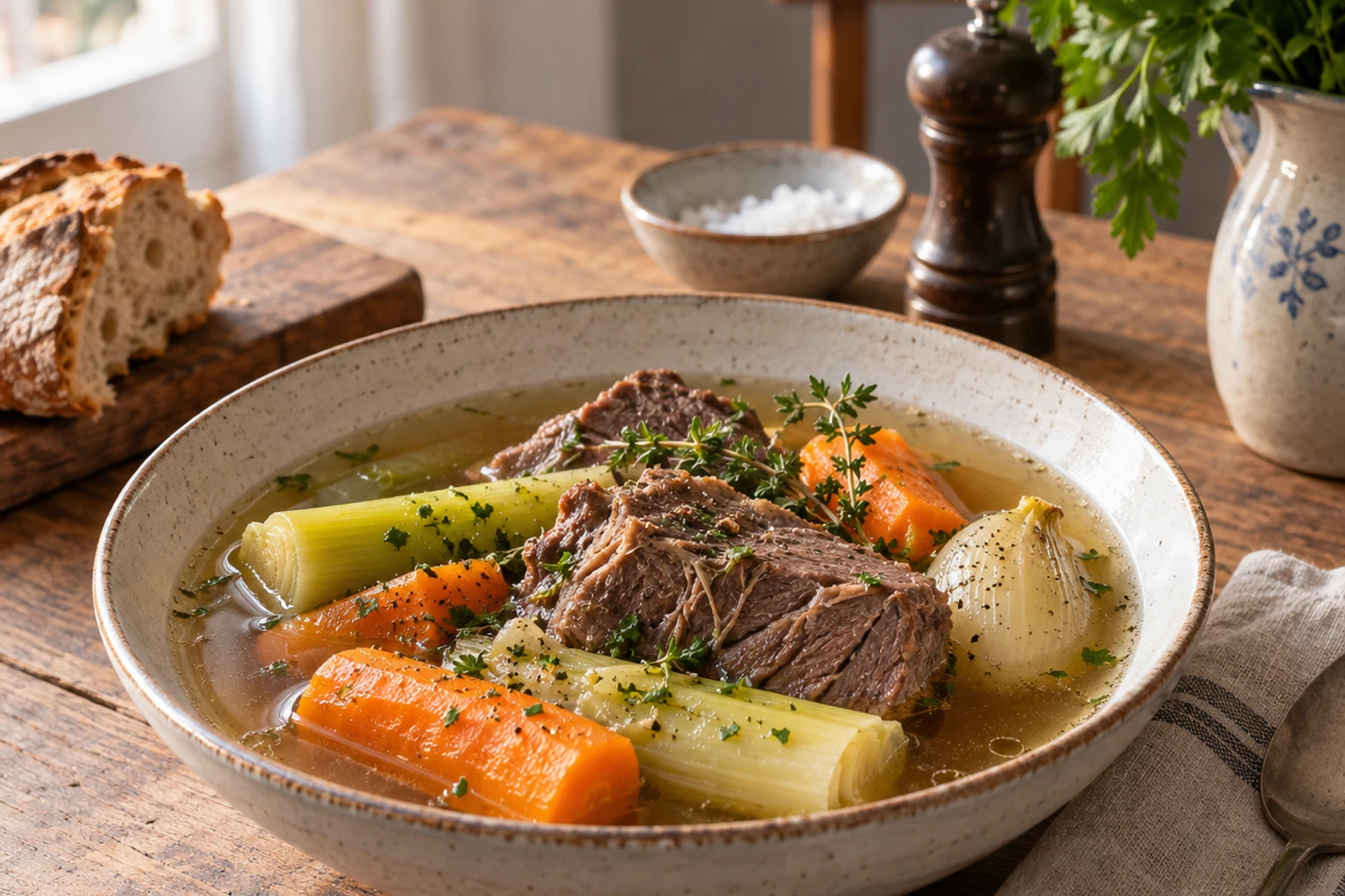 Assiette de pot-au-feu avec viande, carottes, poireau, oignon et bouillon clair