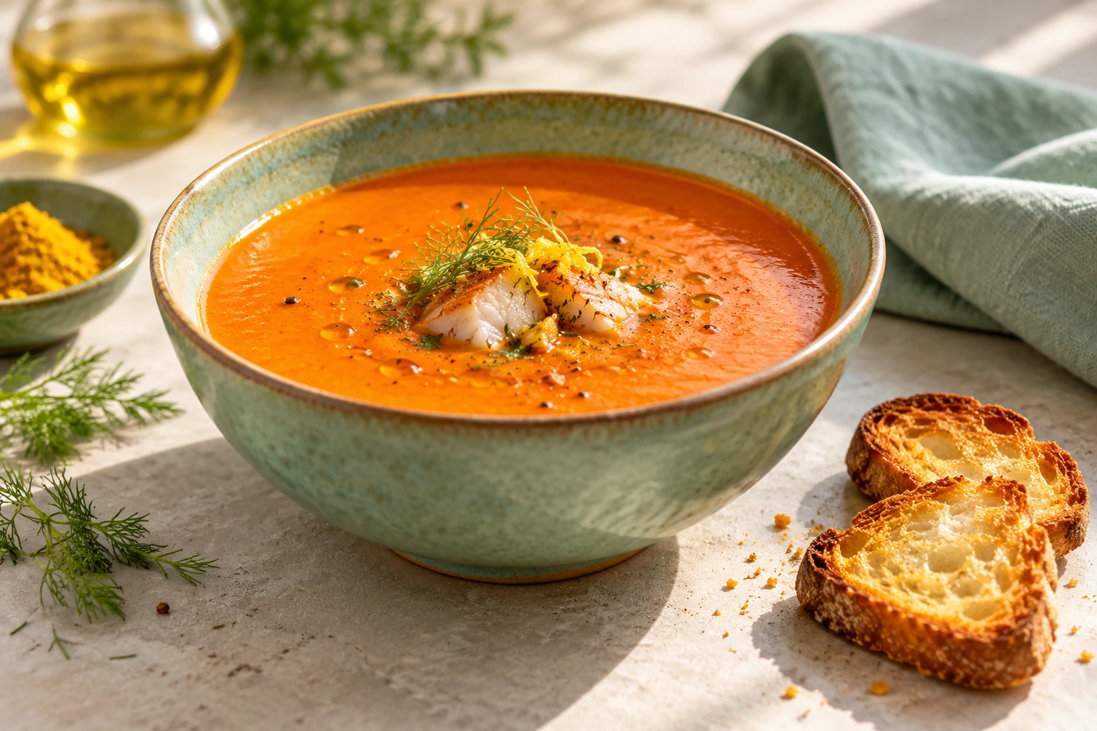 Bol de soupe de poisson orange garni de morceaux de poisson et aneth, croûtons à côté