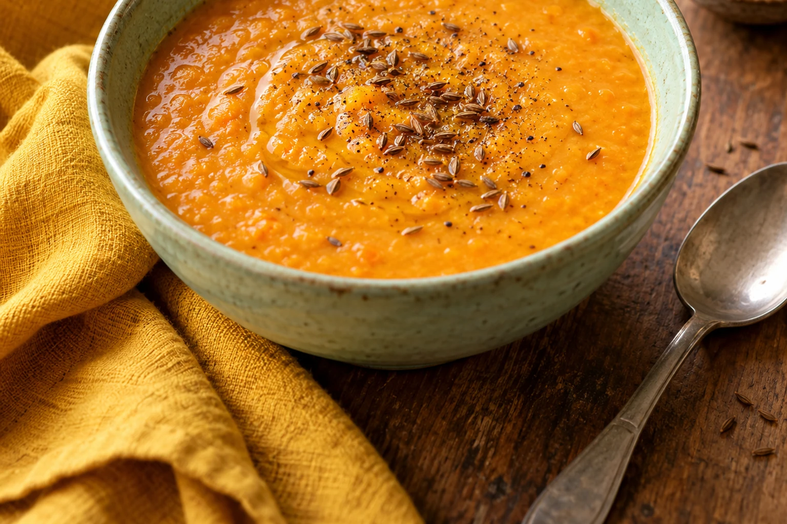 Bol de soupe de lentilles corail orange garni de graines et poivre