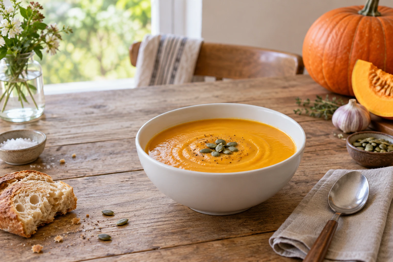 Bol de soupe de potiron crémeuse garni de graines sur table en bois lumineux