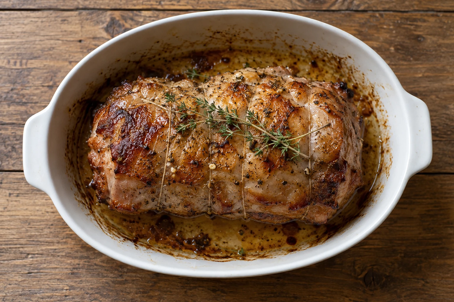 Rôti de porc doré ficelé dans plat blanc, jus et branches de thym sur table en bois